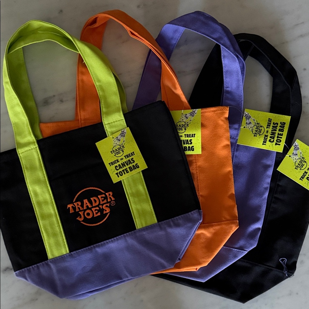 Trader Joe's Canvas Tote Bag - set of 4 - Black, Orange, Purple, Multi color